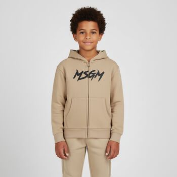 Beige Logo Hooded Zip Up Top