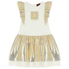 Girls Ivory & Gold Logo Dress, 1, hi-res