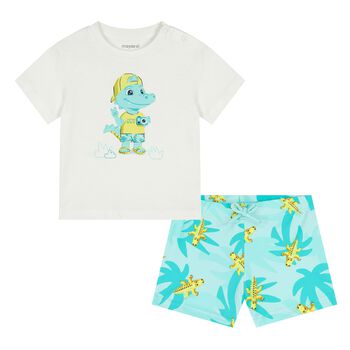 Younger Boys White & Green Crocodile Swim Shorts Set