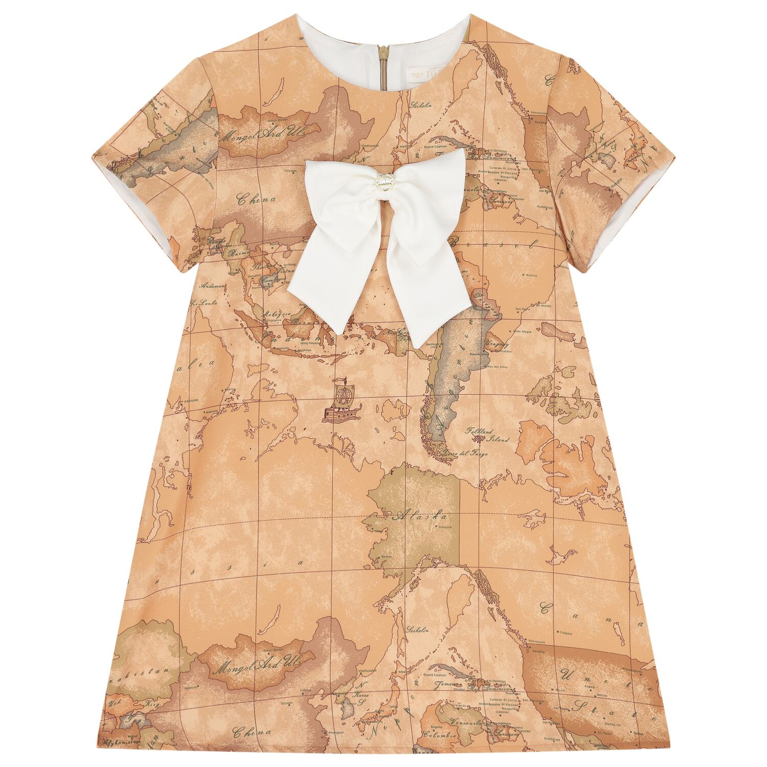 Girls Beige Logo Geo Map Dress , 1, hi-res