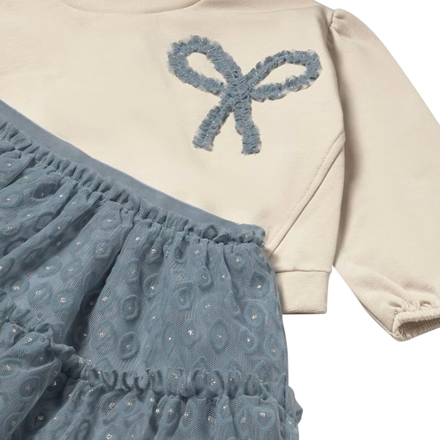 Younger Girls Beige & Blue Tulle Skirt Set, 1, hi-res