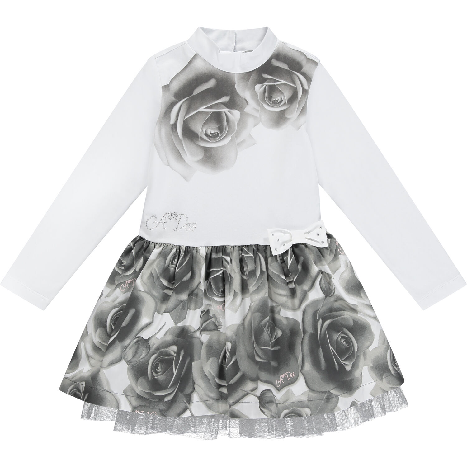 Girls White & Grey Rose Dress, 1, hi-res