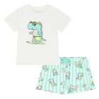 Younger Boys White & Aqua Dinosaur Swim Shorts Set, 2, hi-res