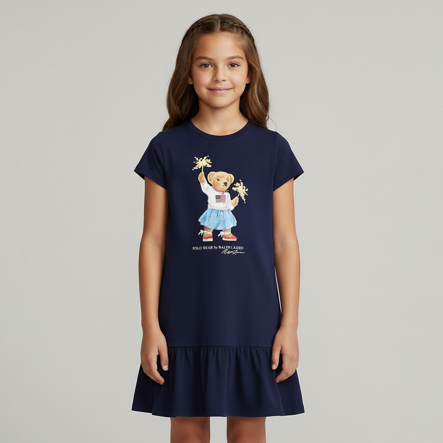 Girls Navy Blue Polo Bear Dress, 1, hi-res