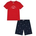 Boys Red & Navy Blue Logo Shorts Set, 1, hi-res