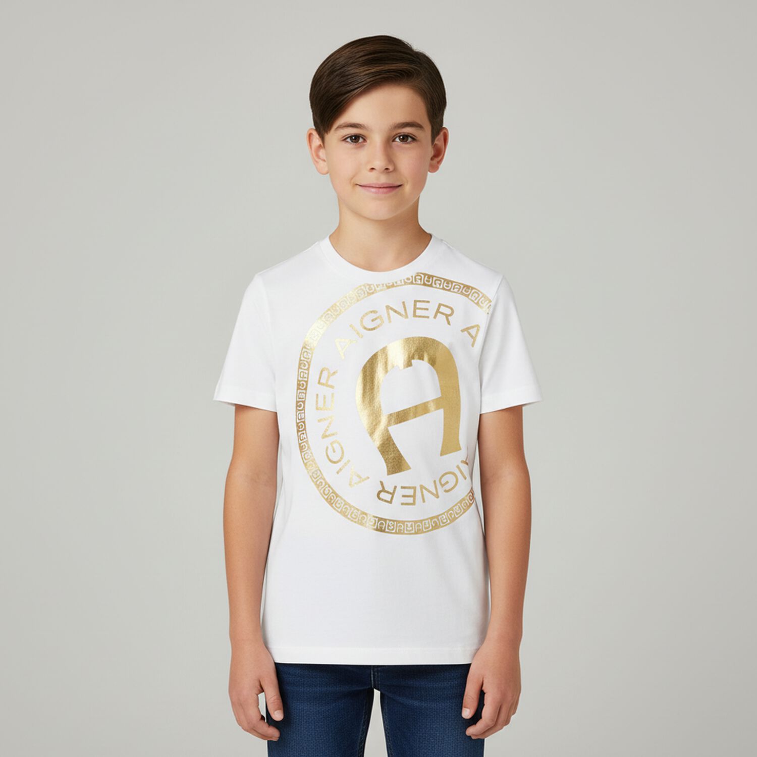 Boys White & Gold Logo T-Shirt, 1, hi-res