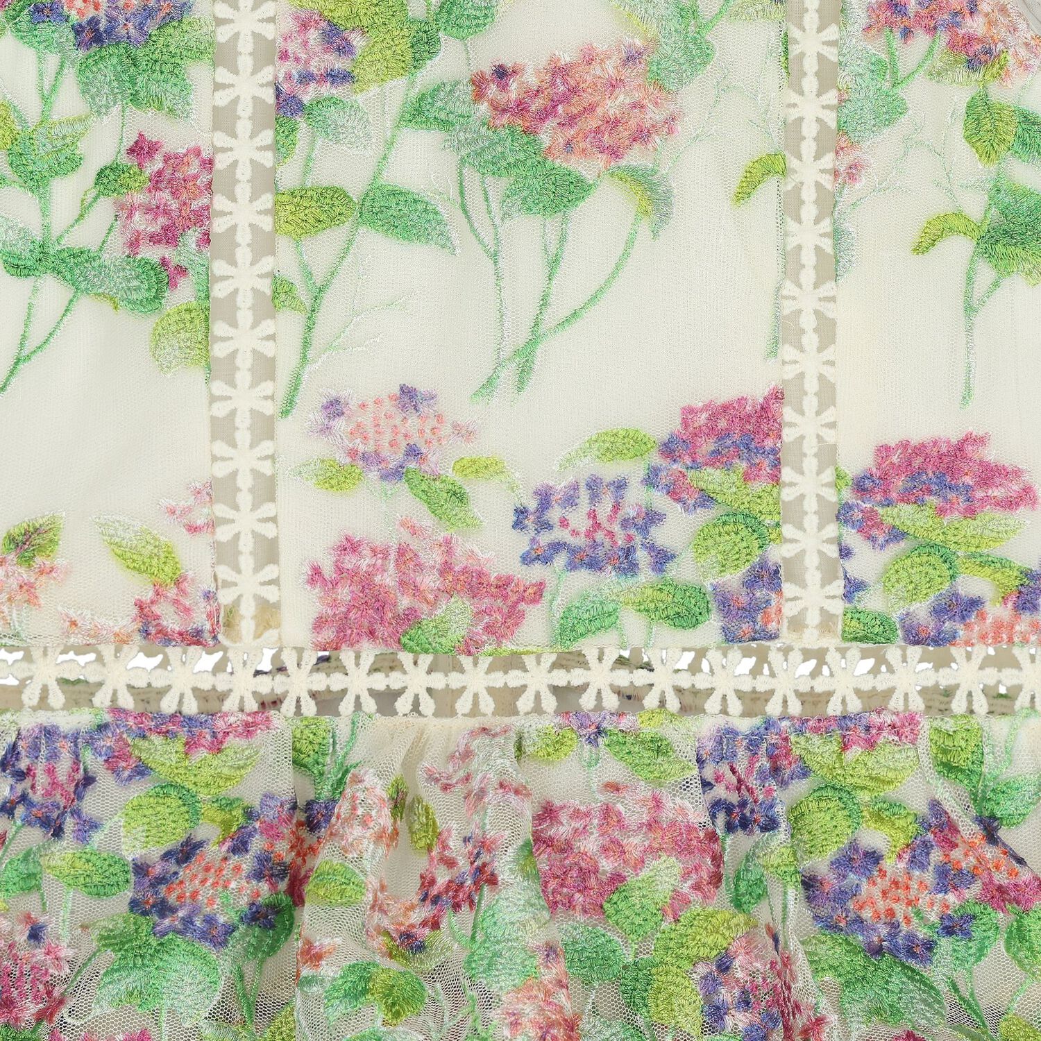 Girls Ivory & Green Embroidered Floral Dress, 1, hi-res