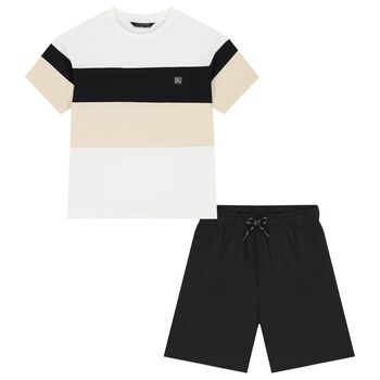 Boys White, Black & Beige Striped Shorts Set