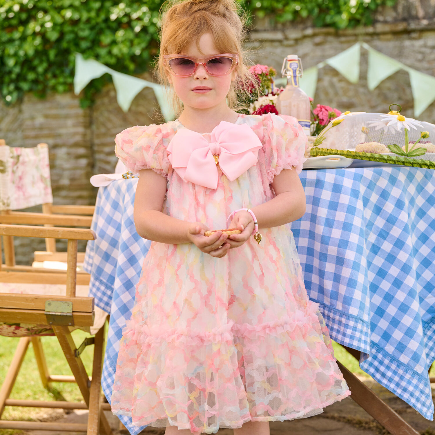 Girls White & Pink Tulle Bow Dress, 1, hi-res