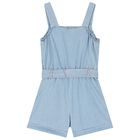 Girls Blue Denim Embroidered Playsuit, 1, hi-res