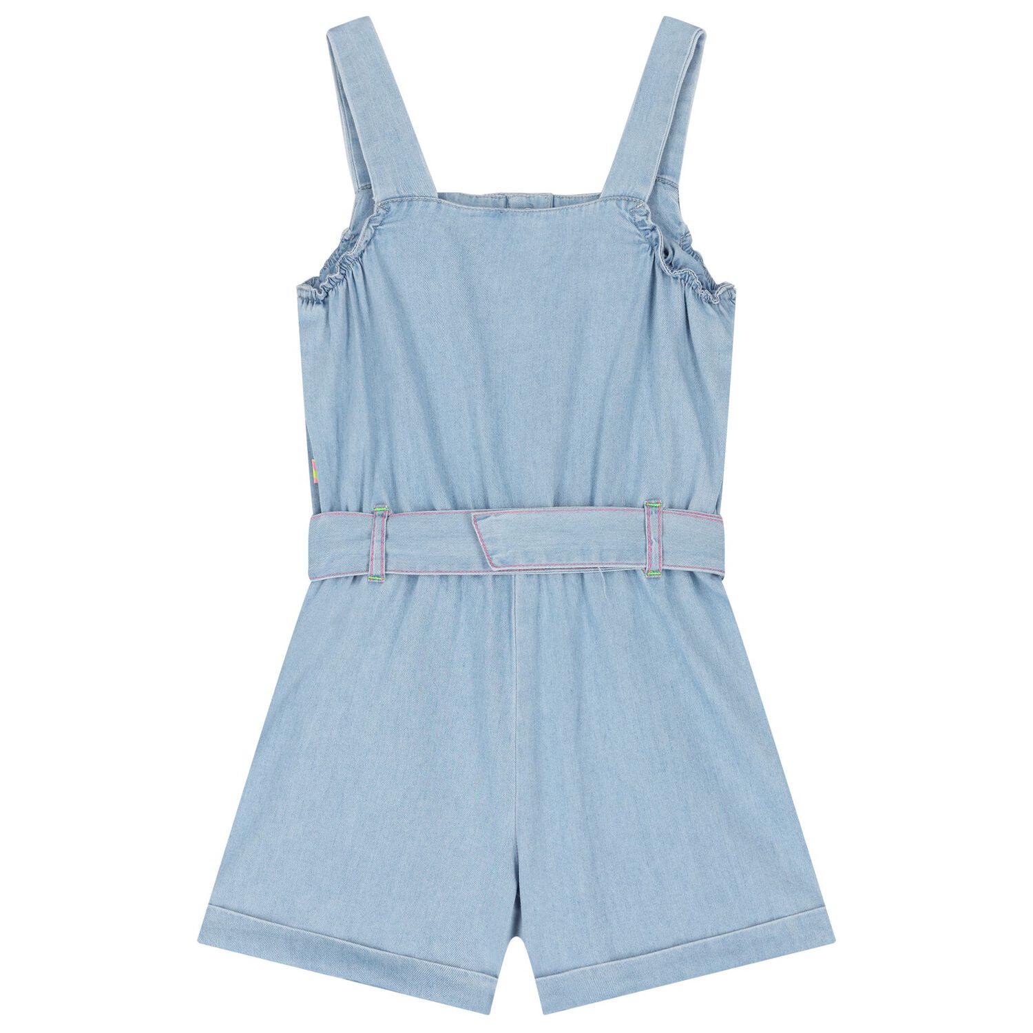 Girls Blue Denim Embroidered Playsuit, 1, hi-res