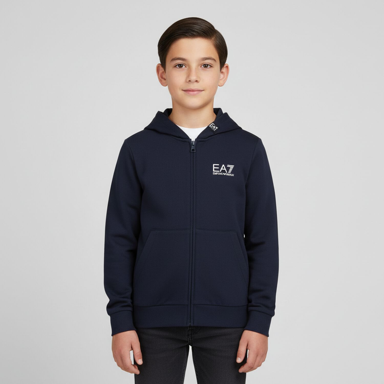 Boys Navy Blue Logo Hooded Zip Up Top, 2, hi-res