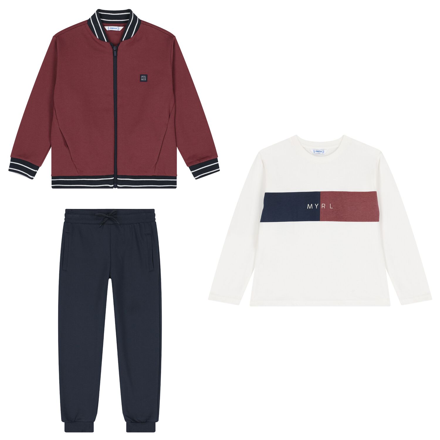 Boys Burgundy, White & Navy Blue Tracksuit Set (3 Piece), 1, hi-res
