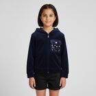 Girls Navy Blue Velvet Hooded Zip Up Top, 1, hi-res