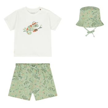 Younger Boys White & Green Shorts & Hat Set
