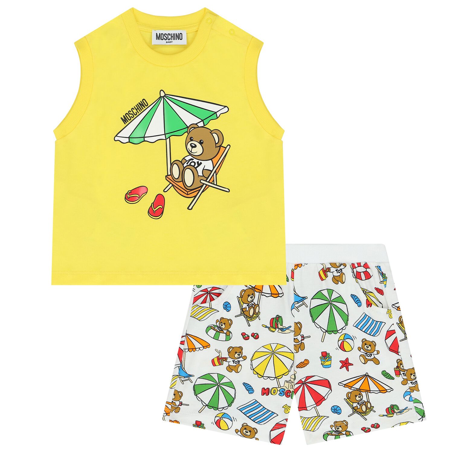 Yellow & White Teddy Bear Logo Shorts Set, 1, hi-res