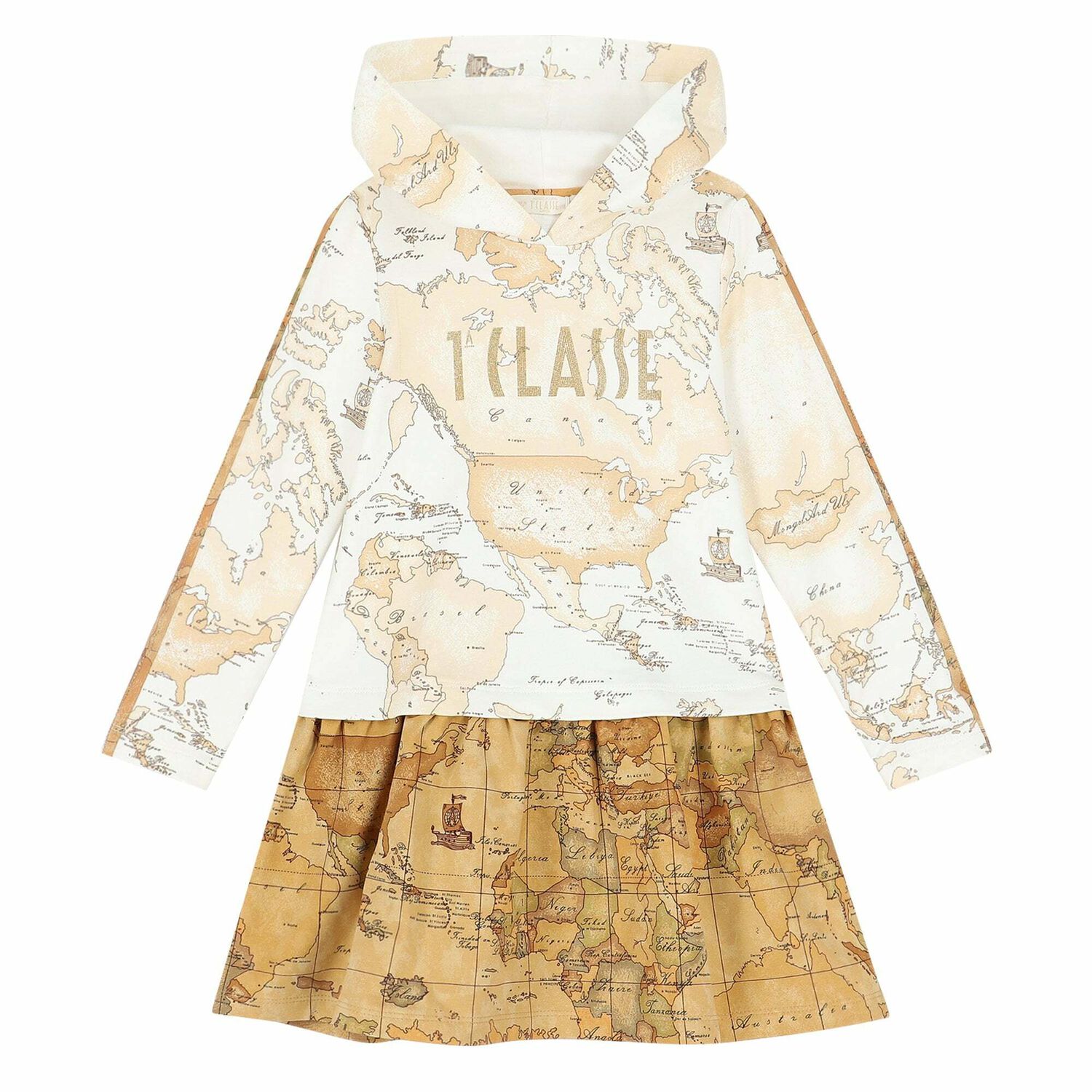Girls Beige Geo Map Logo Dress, 1, hi-res