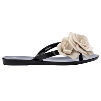 Girls Black & Beige Logo Flower Flip Flops