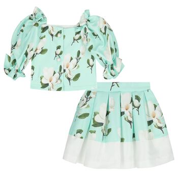 Girls Green Floral Skirt Set