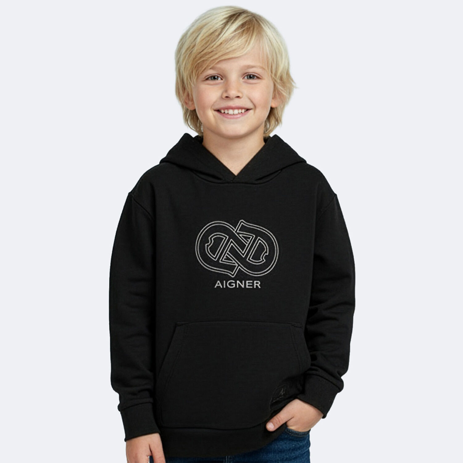 Boys Black Logo Hooded Top, 1, hi-res