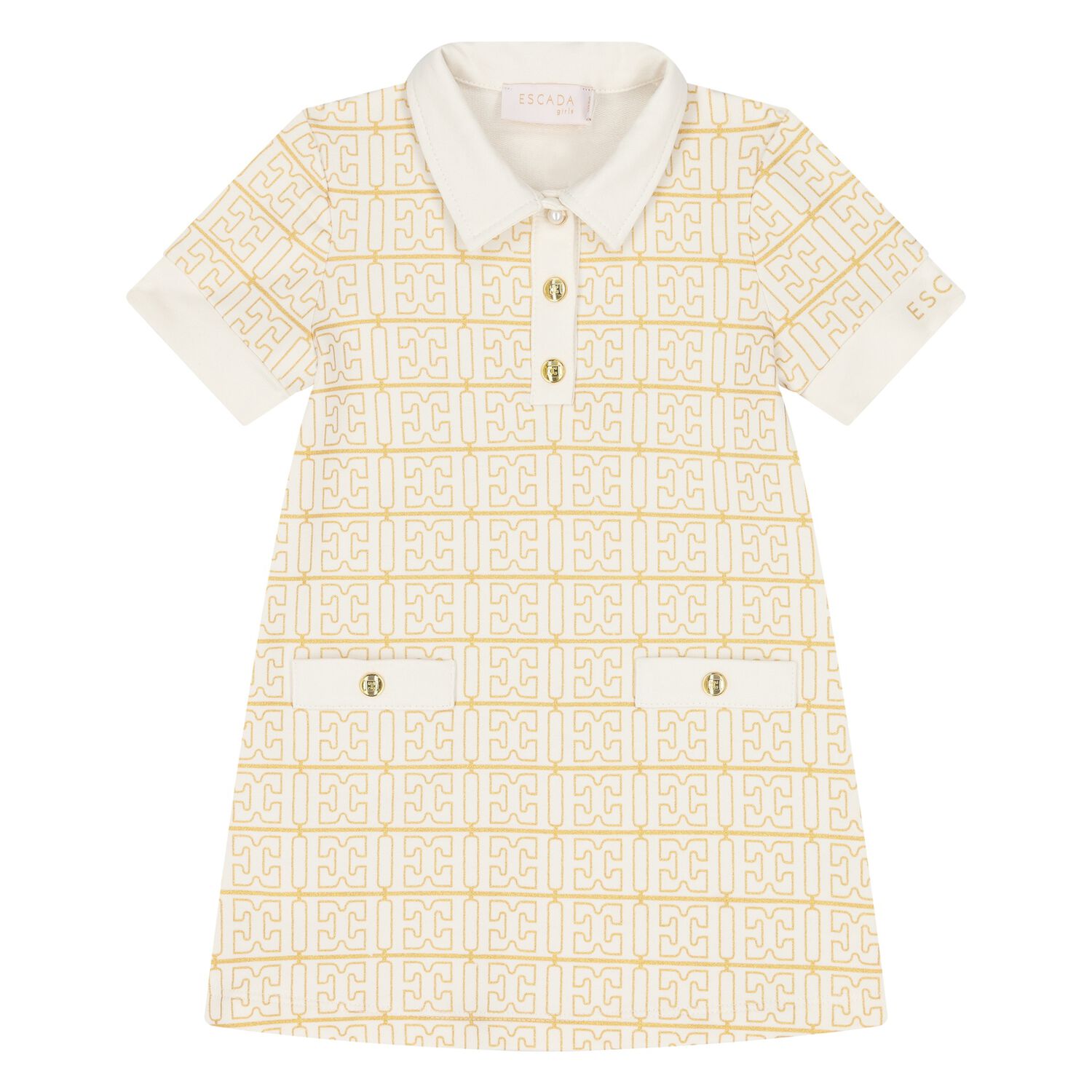 Younger Girls Ivory & Gold Logo Polo Dress, 1, hi-res