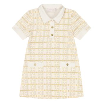 Younger Girls Ivory & Gold Logo Polo Dress