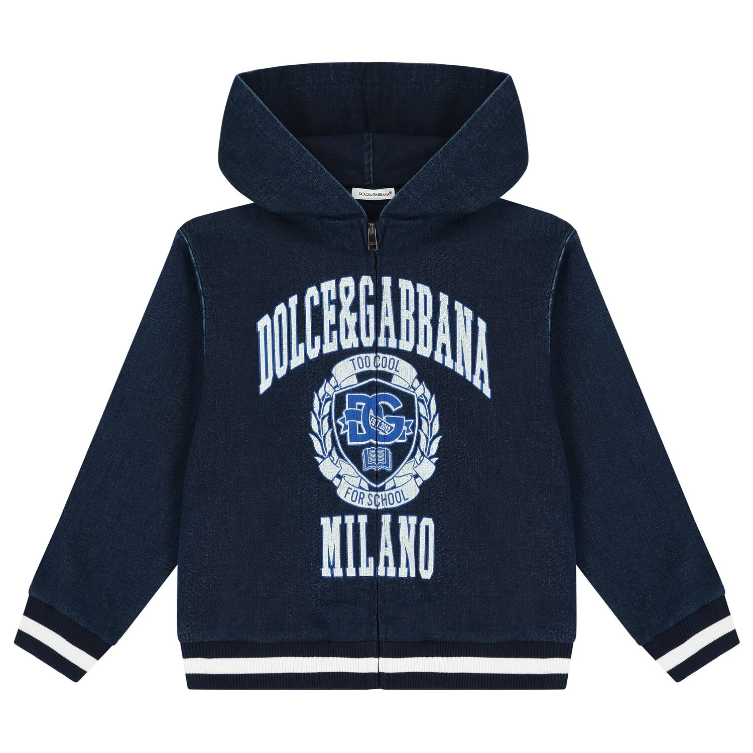 Boys Navy Blue Varsity Logo Hooded Zip Up Top, 1, hi-res