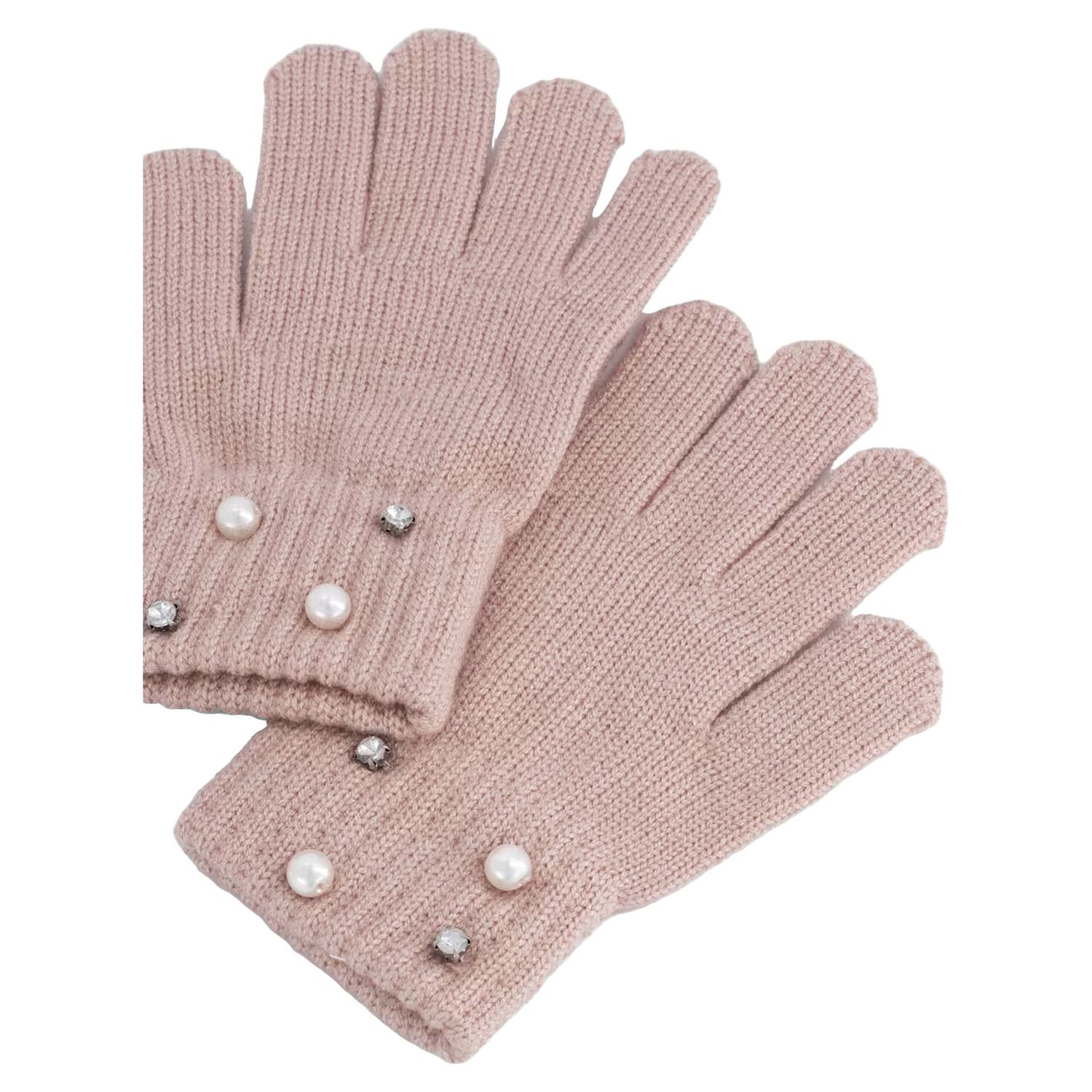 Girls Pink Embellished Knitted Gloves, 1, hi-res