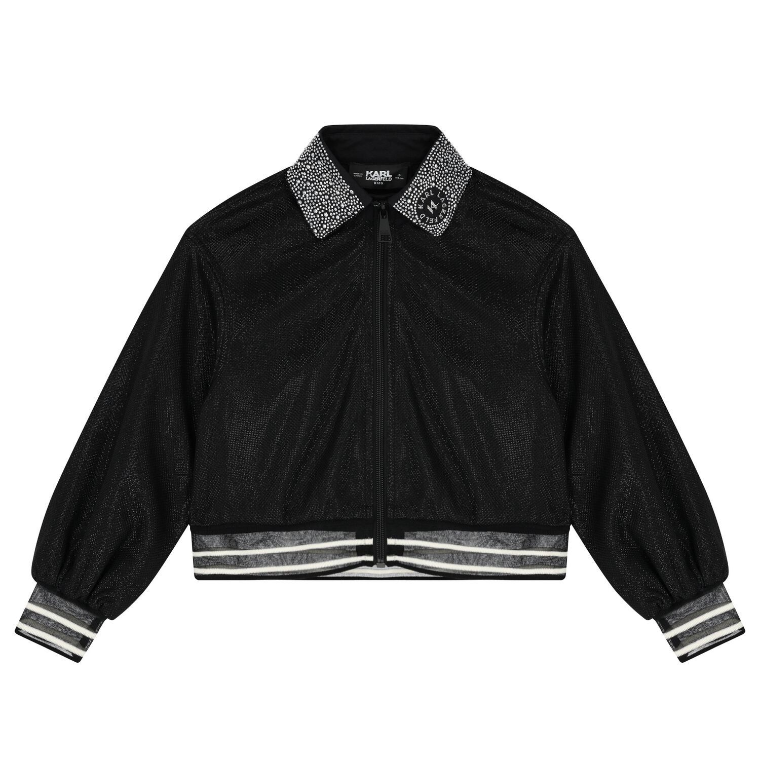 Girls Black Logo Rhinestone Zip Up Top, 1, hi-res