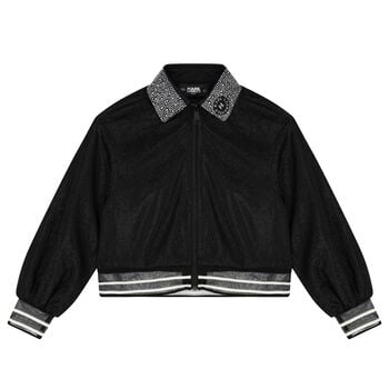 Girls Black Logo Rhinestone Zip Up Top
