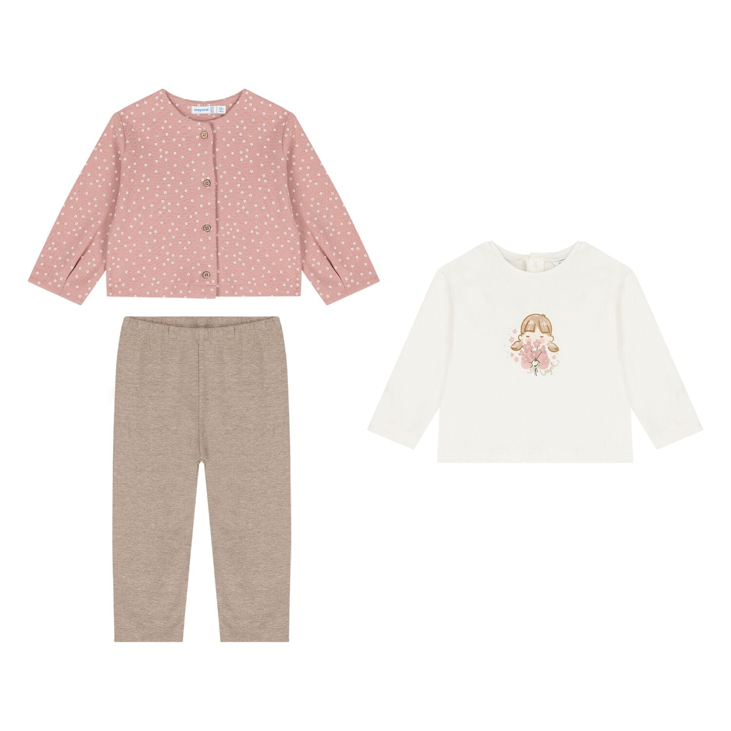 Younger Girls Ivory, Beige & Pink Floral Leggings Set, 1, hi-res