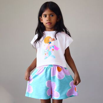 Girls White & Aqua Floral Shorts Set