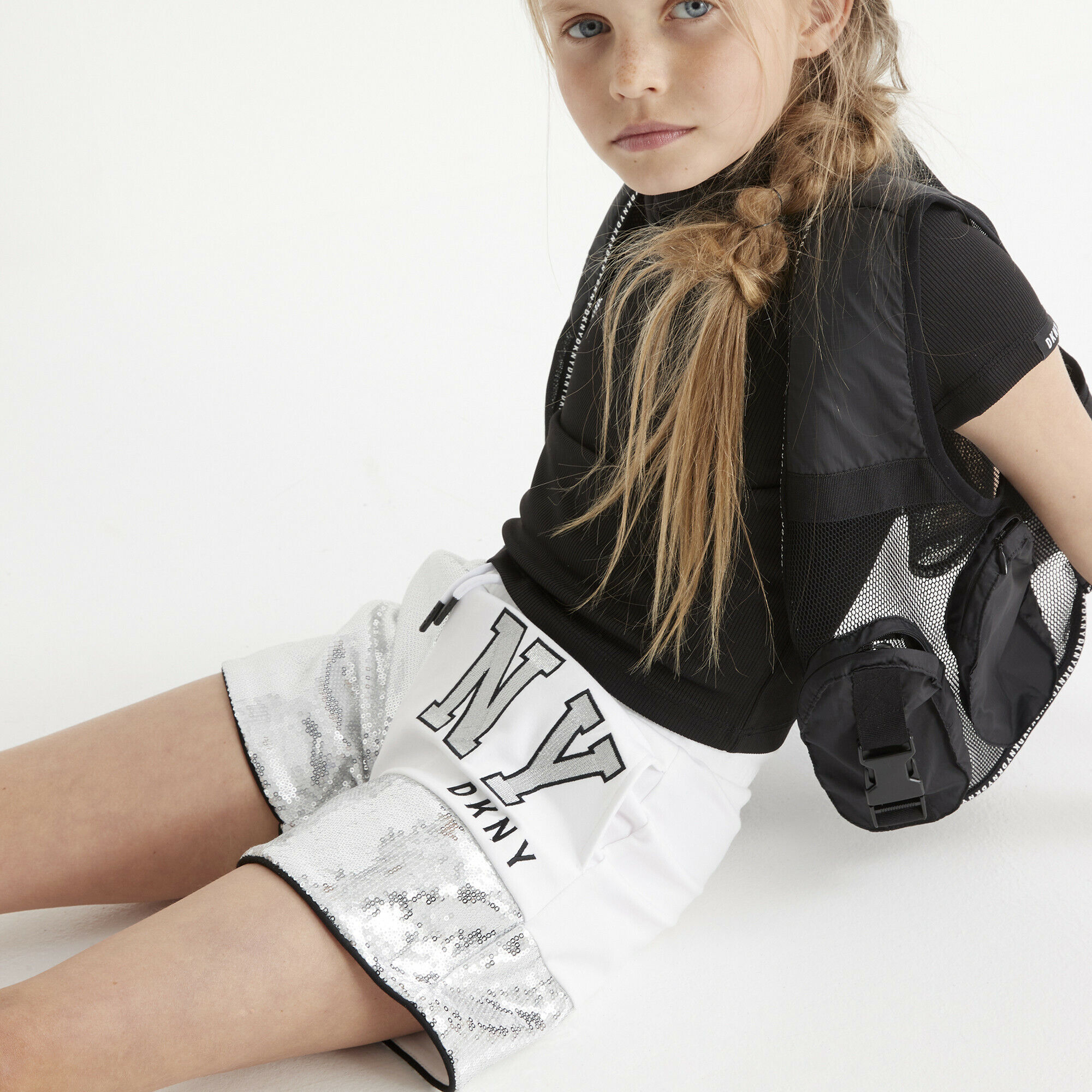 DKNY Girls White Silver Sequin Shorts Junior Couture UK