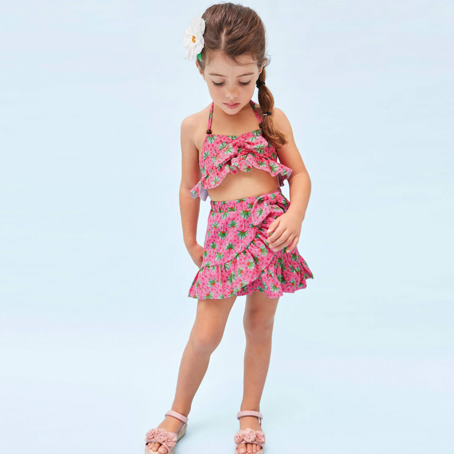 Girls Pink & Green Floral Skirt, 2, hi-res