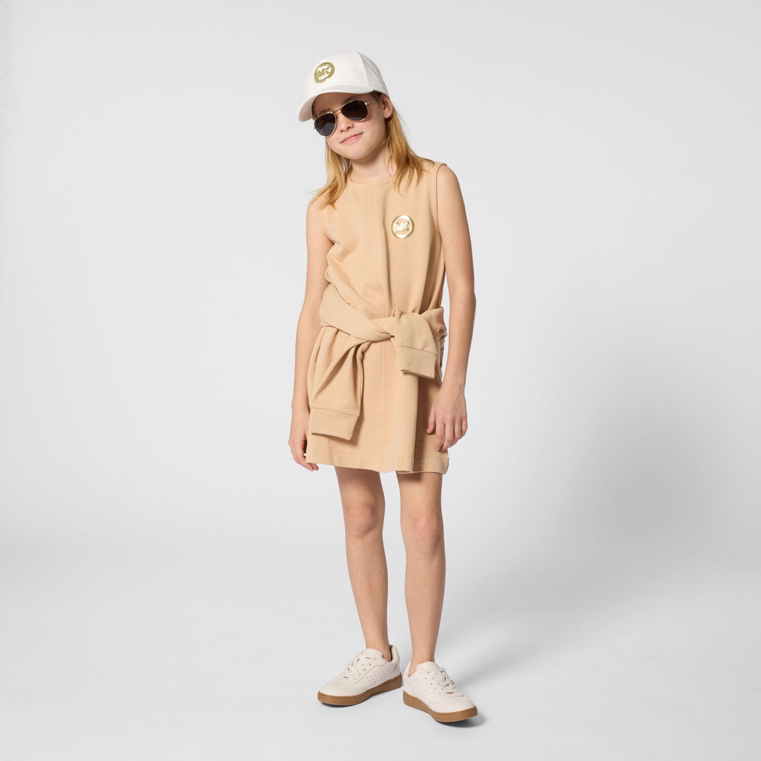 Girls Beige Logo Dress, 1, hi-res