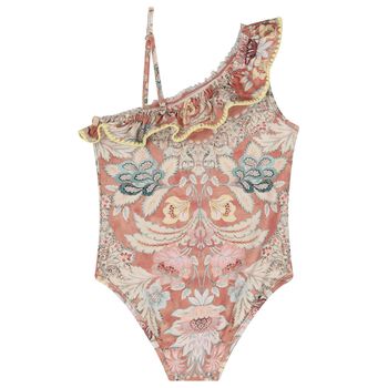 Girls Pink Floral Asymmetric Swimsuit