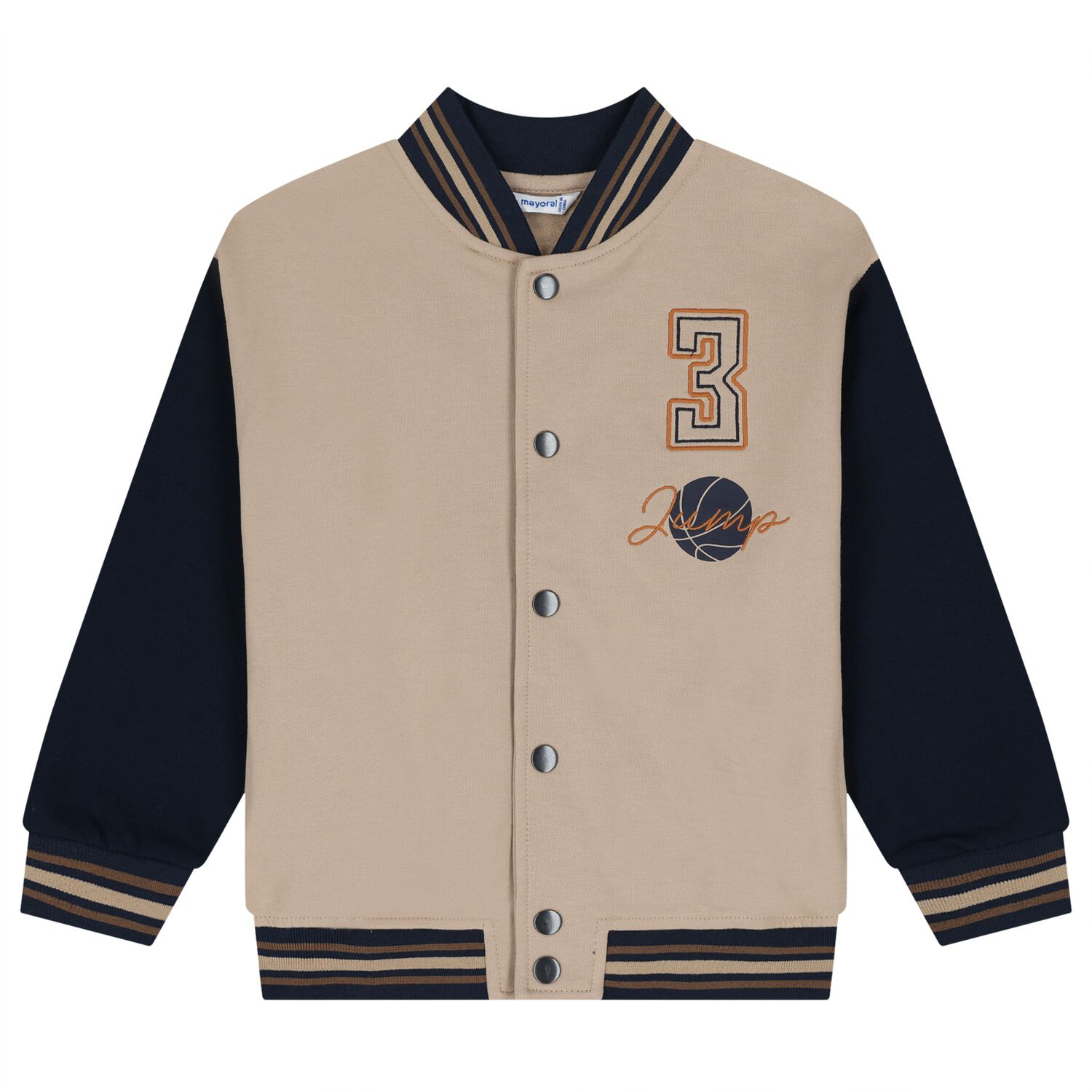 Boys Beige & Navy Blue Basketball Bomber Jacket, 1, hi-res