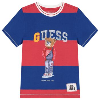 Boys Red & Blue Striped Teddy Bear T-Shirt