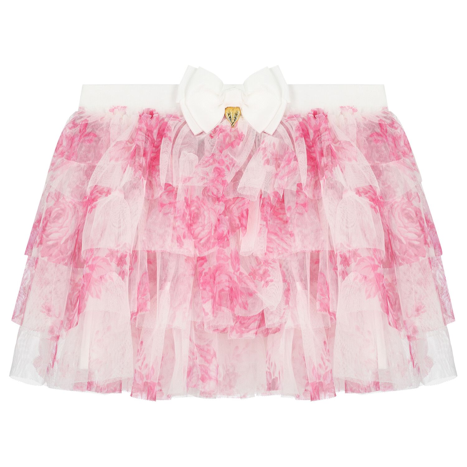 Girls White & Pink Rose Tulle Skirt, 1, hi-res