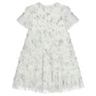 Girls White Floral Ruffled Tulle Dress, 1, hi-res