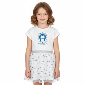 Girls White & Blue Logo Dress