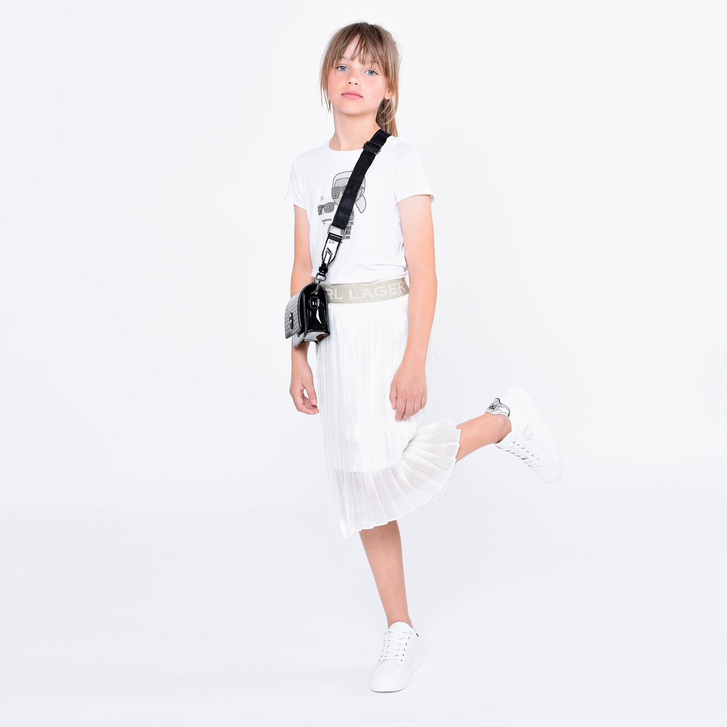 Girls White Pleated Logo Skirt, 1, hi-res image number null