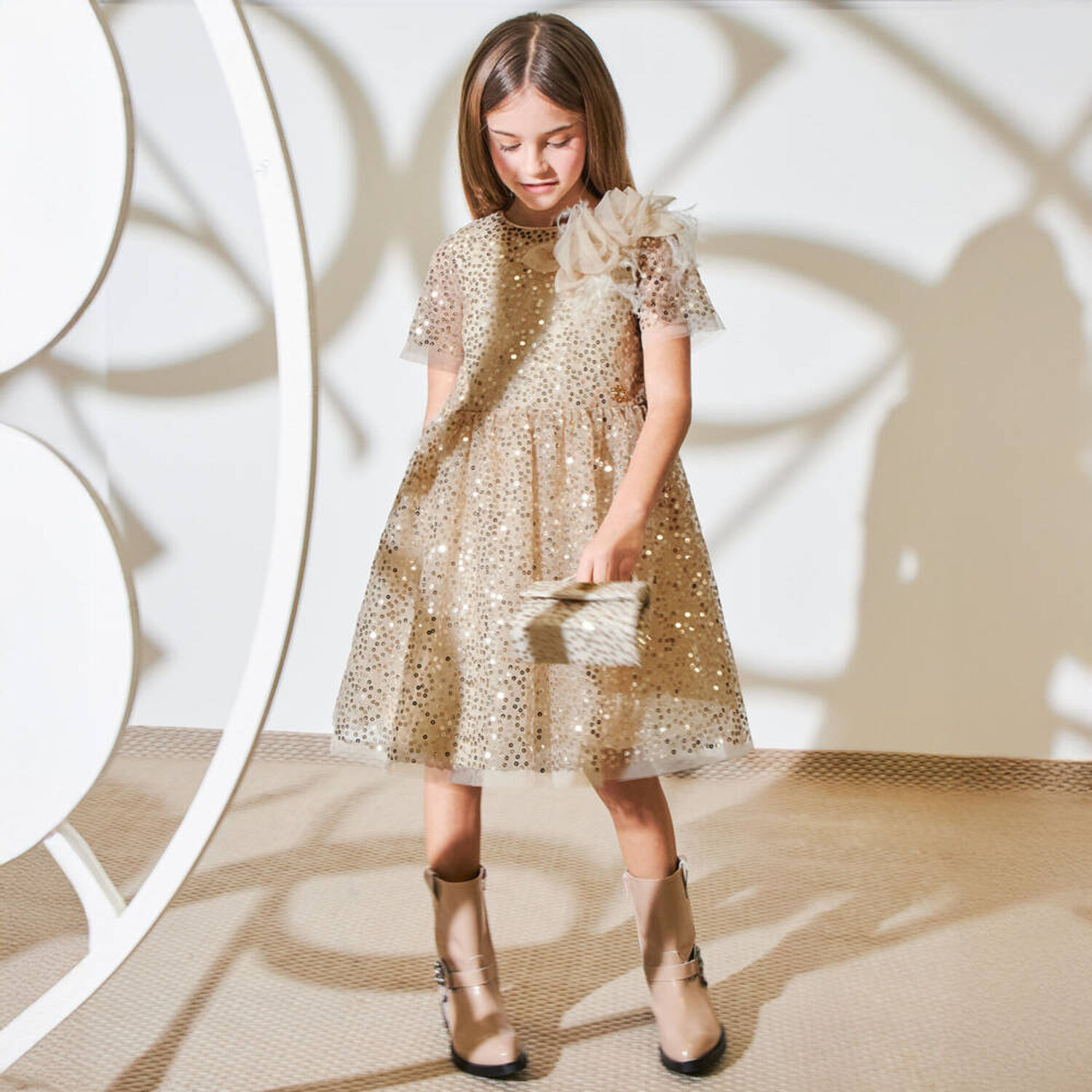 Girls Gold Sequin Tulle Dress, 1, hi-res