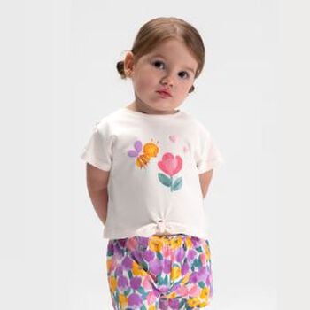 Younger Girls Ivory & Purple Shorts Set