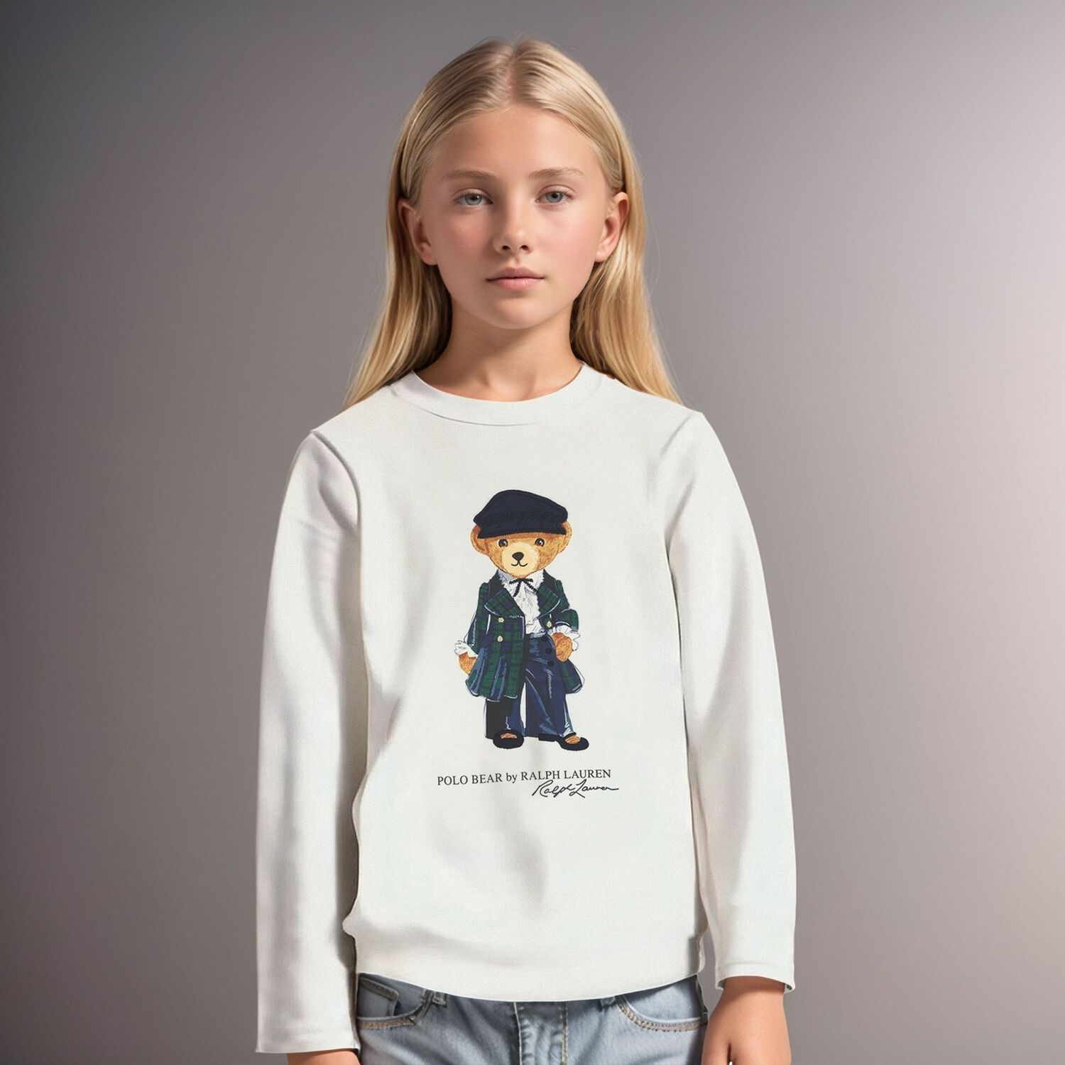 Girls Ivory Logo Polo Bear Long Sleeve Top, 1, hi-res