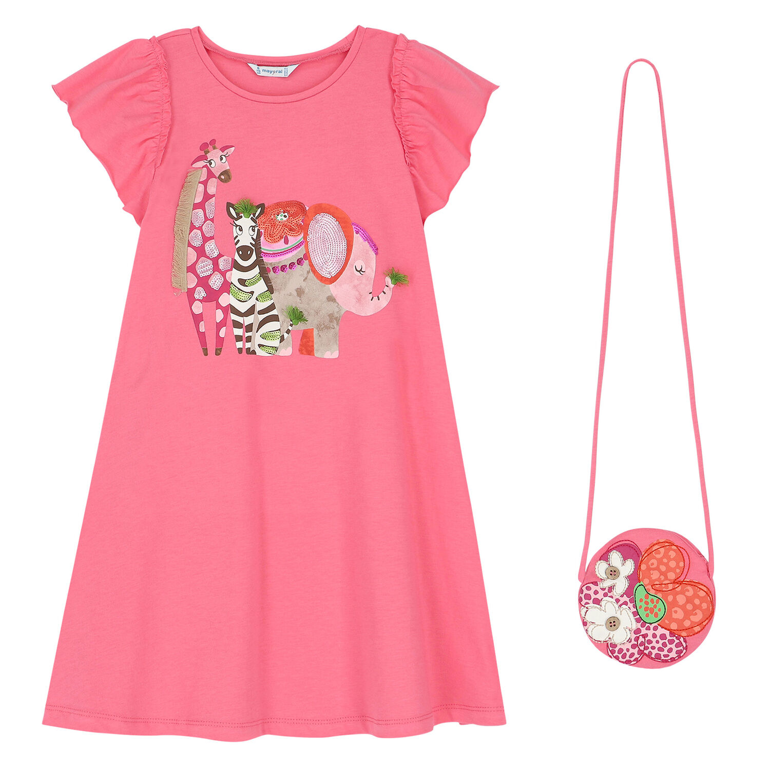 Girls Pink Animals Dress & Bag Set, 1, hi-res