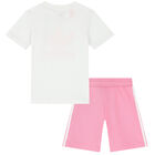 Girls White & Pink Logo Shorts Set, 3, hi-res