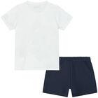 Younger Boys White & Navy Blue Logo Shorts Set, 1, hi-res