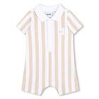 Baby Boys Beige & White Striped Logo Romper, 1, hi-res