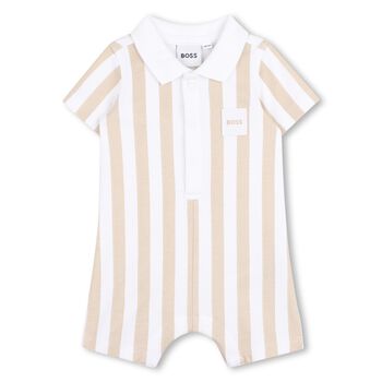 Baby Boys Beige & White Striped Logo Romper